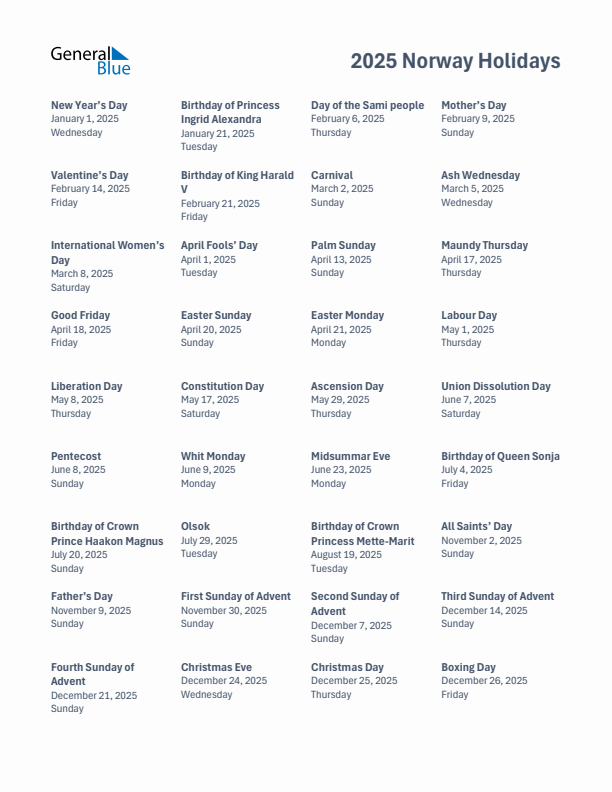 Free printable list of Norway holidays for year 2025