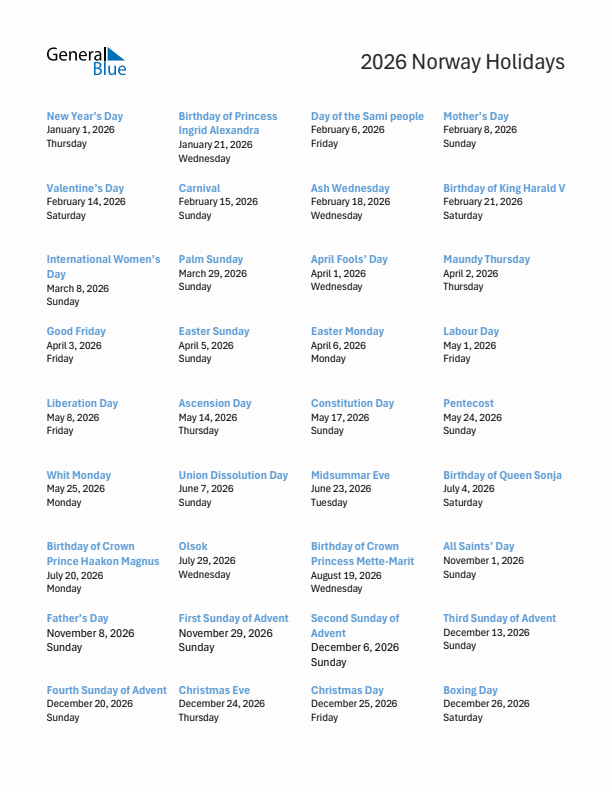 Free printable list of Norway holidays for year 2026