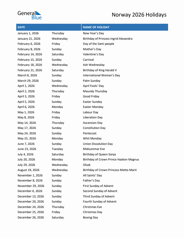 Free printable list of Norway holidays for year 2026