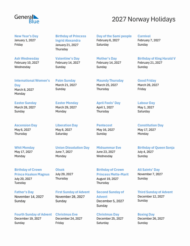 Free printable list of Norway holidays for year 2027