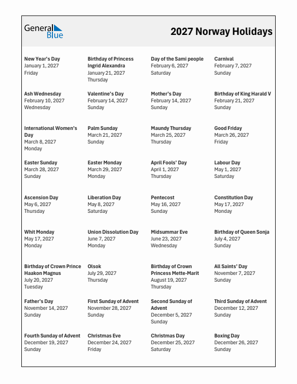 Free printable list of Norway holidays for year 2027