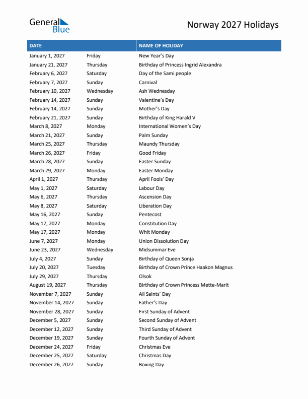 Free printable list of Norway holidays for year 2027