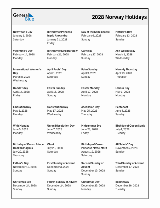 Free printable list of Norway holidays for year 2028