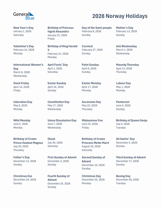 Free printable list of Norway holidays for year 2028