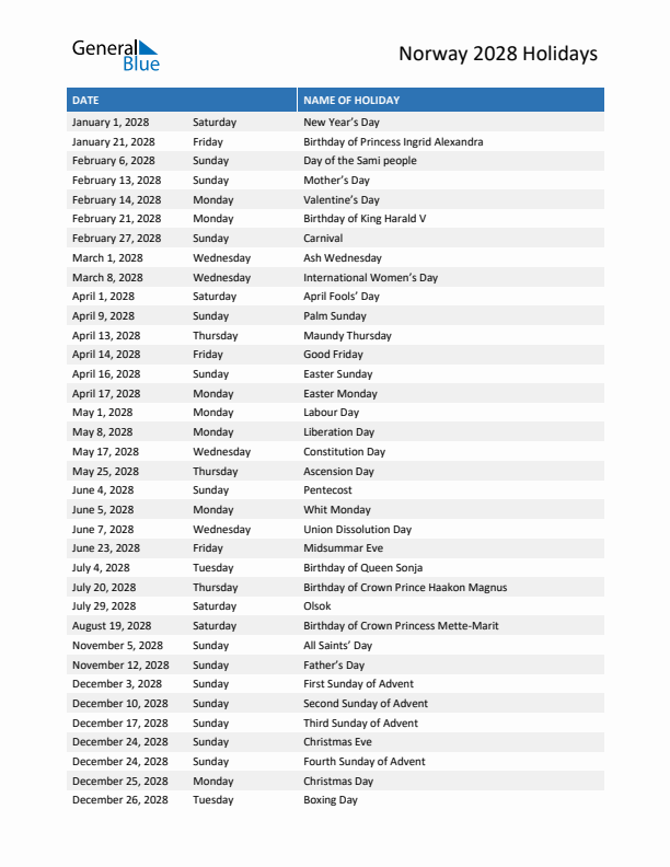 Free printable list of Norway holidays for year 2028