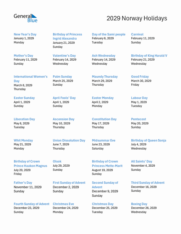 Free printable list of Norway holidays for year 2029