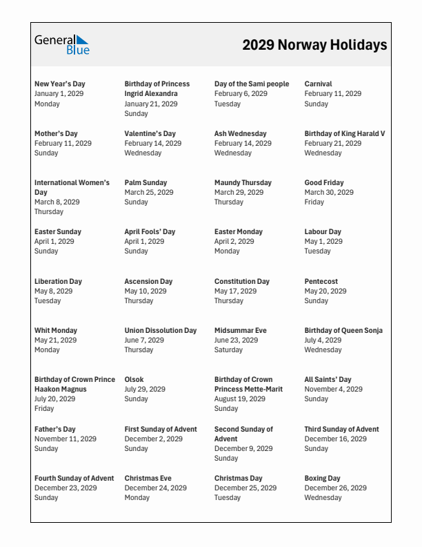 Free printable list of Norway holidays for year 2029