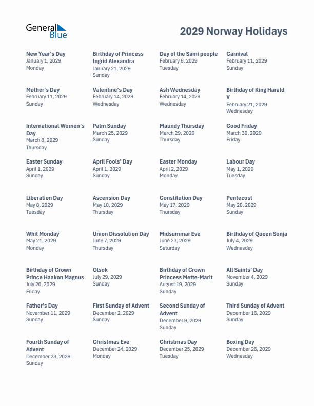 Free printable list of Norway holidays for year 2029