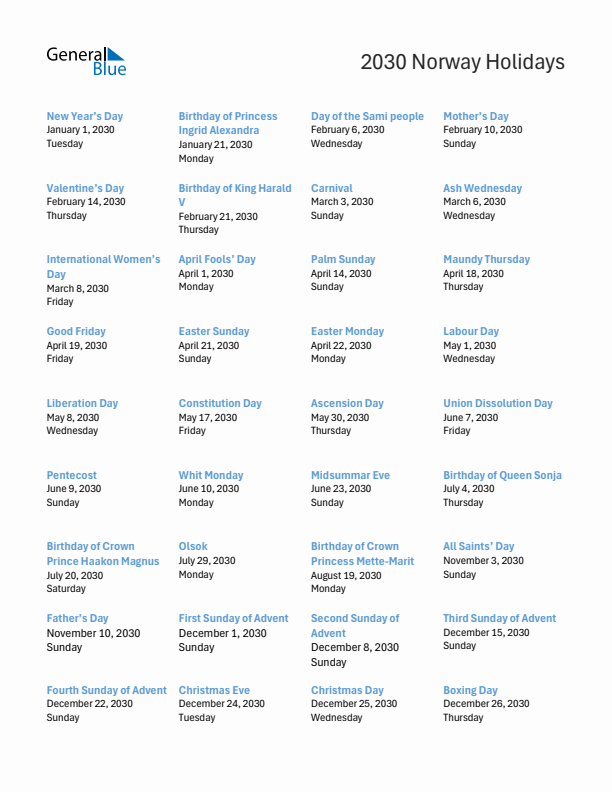 Free printable list of Norway holidays for year 2030