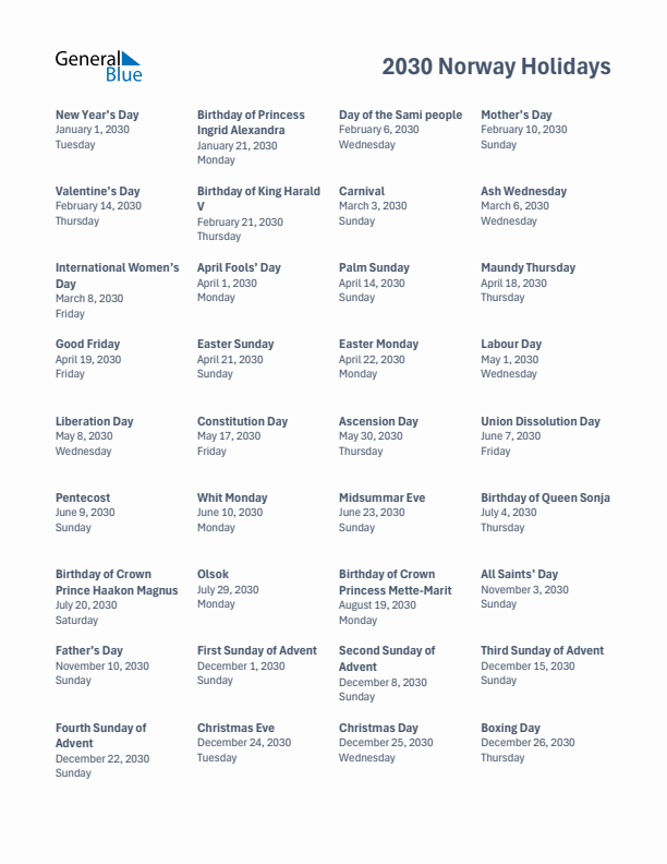 Free printable list of Norway holidays for year 2030