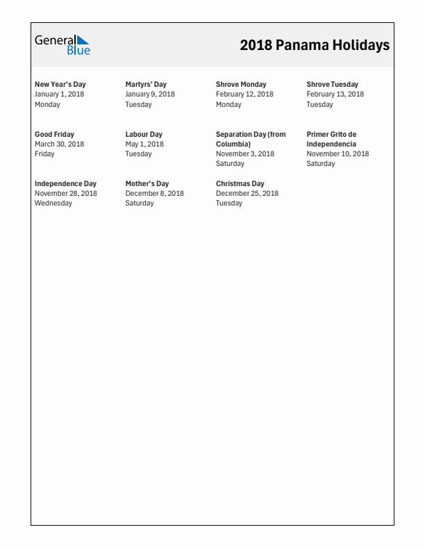 Free printable list of Panama holidays for year 2018