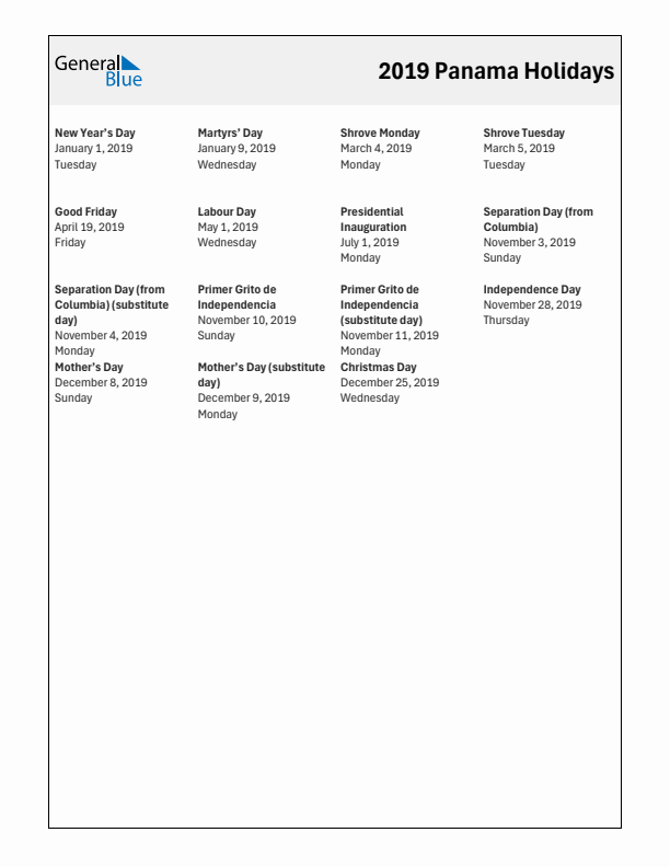 Free printable list of Panama holidays for year 2019