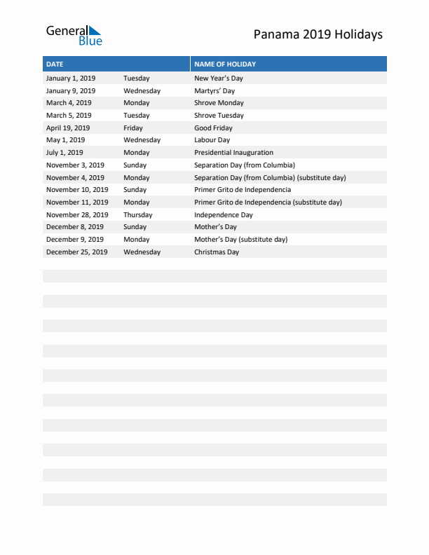 Free printable list of Panama holidays for year 2019