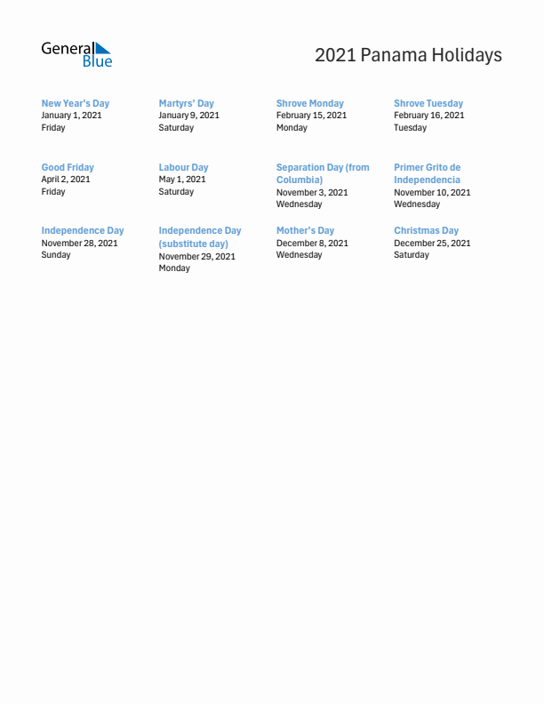 Free printable list of Panama holidays for year 2021