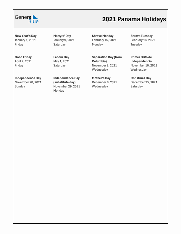 Free printable list of Panama holidays for year 2021