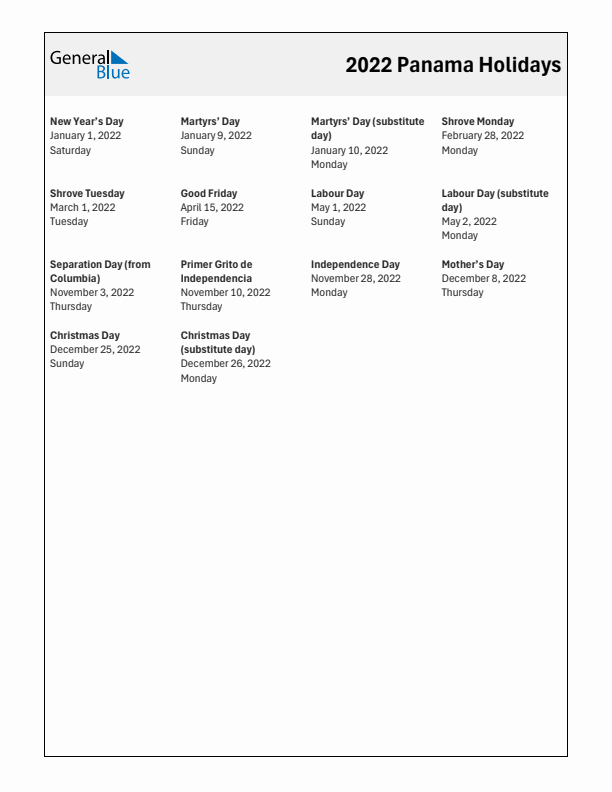 Free printable list of Panama holidays for year 2022