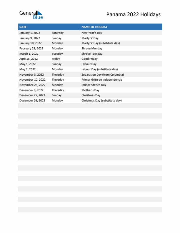 Free printable list of Panama holidays for year 2022