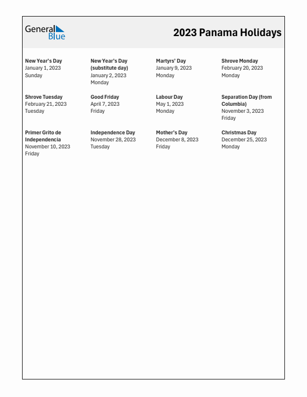 Free printable list of Panama holidays for year 2023