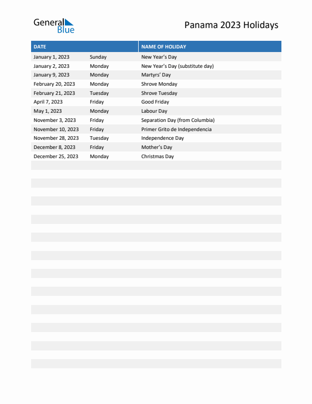 Free printable list of Panama holidays for year 2023