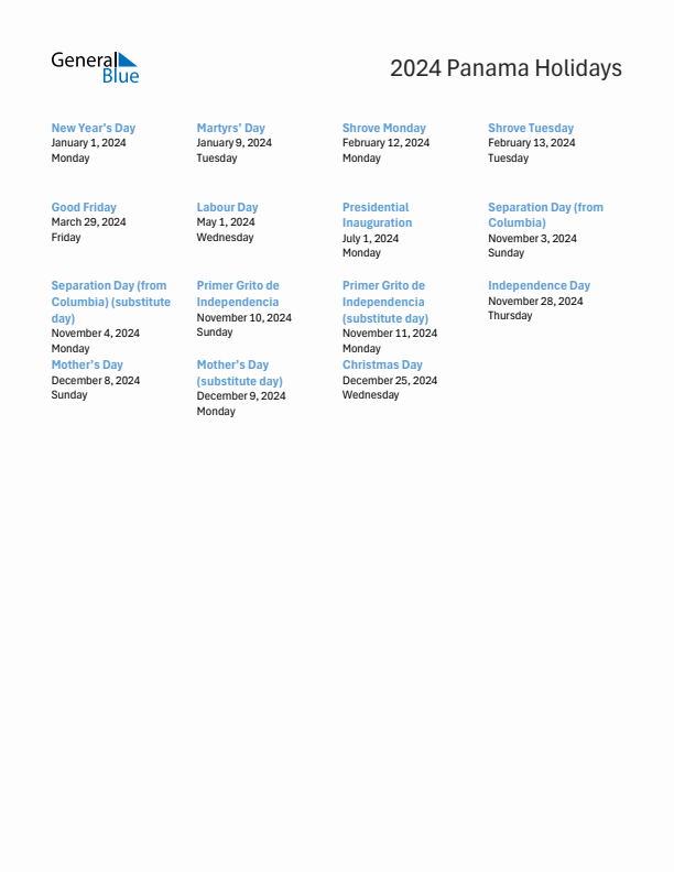 Free printable list of Panama holidays for year 2024