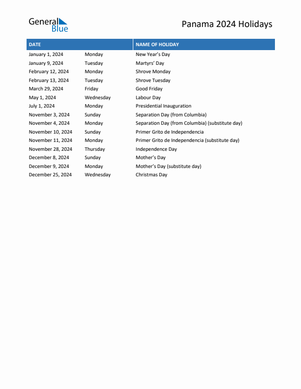 Free printable list of Panama holidays for year 2024