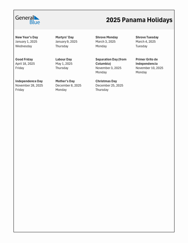 Free printable list of Panama holidays for year 2025