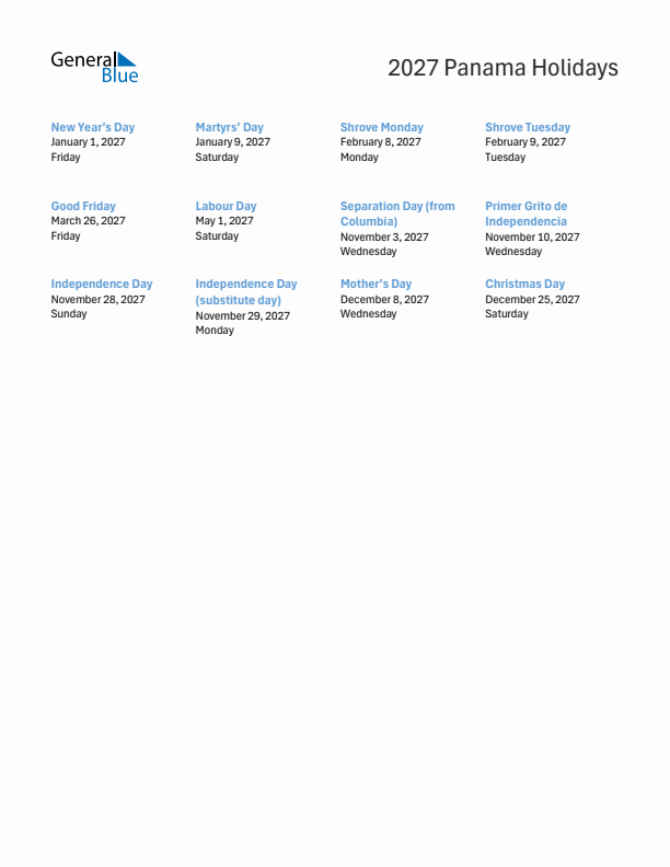 Free printable list of Panama holidays for year 2027