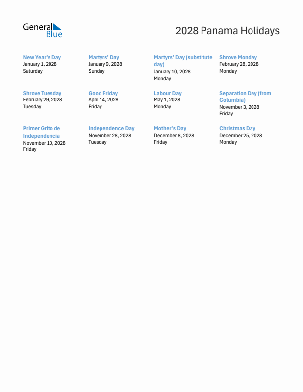 Free printable list of Panama holidays for year 2028