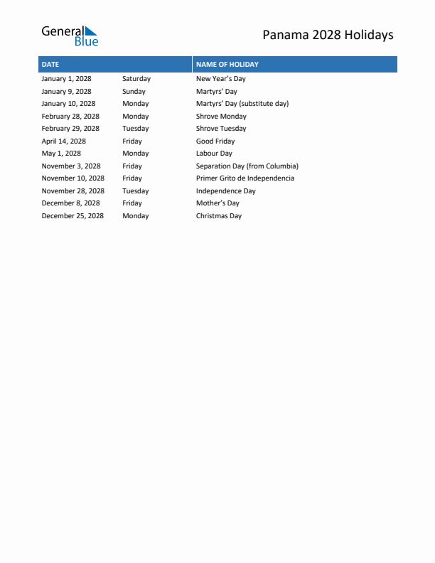 Free printable list of Panama holidays for year 2028