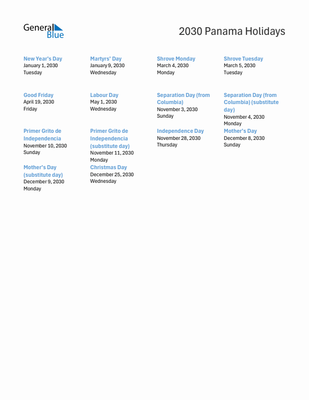 Free printable list of Panama holidays for year 2030