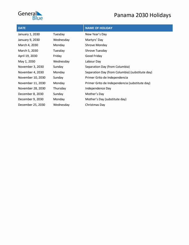 Free printable list of Panama holidays for year 2030