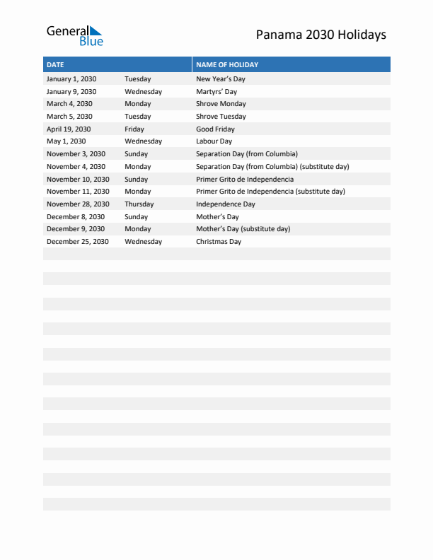 Free printable list of Panama holidays for year 2030