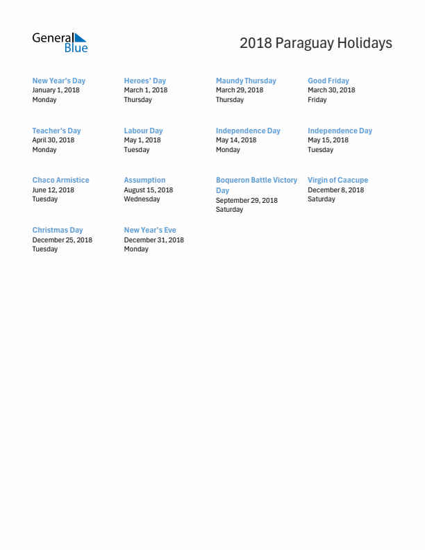 Free printable list of Paraguay holidays for year 2018