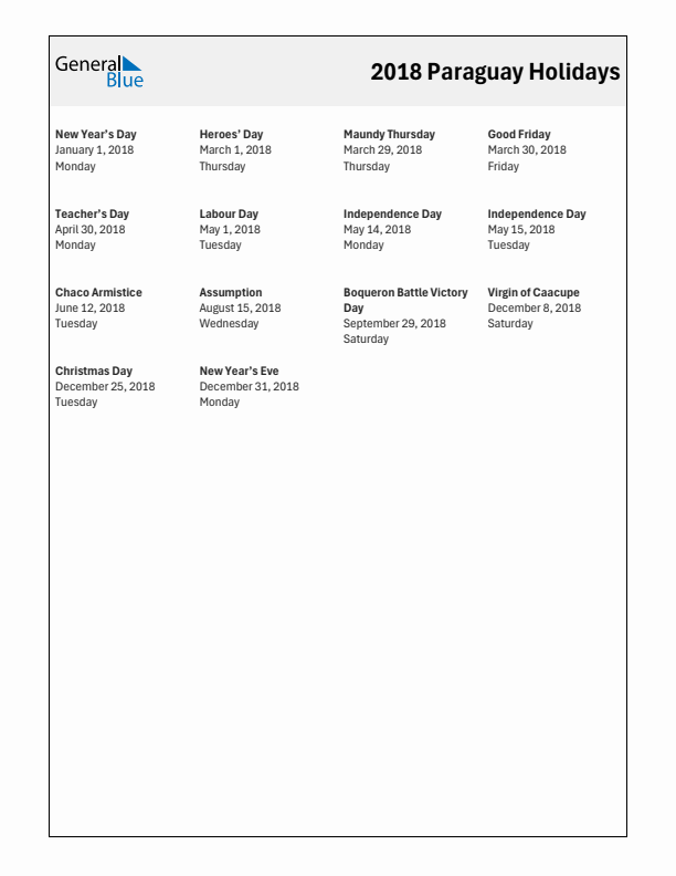 Free printable list of Paraguay holidays for year 2018