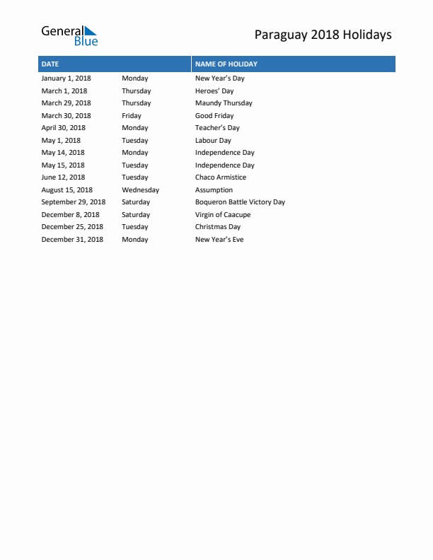 Free printable list of Paraguay holidays for year 2018