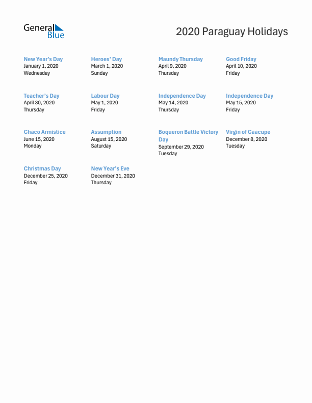 Free printable list of Paraguay holidays for year 2020