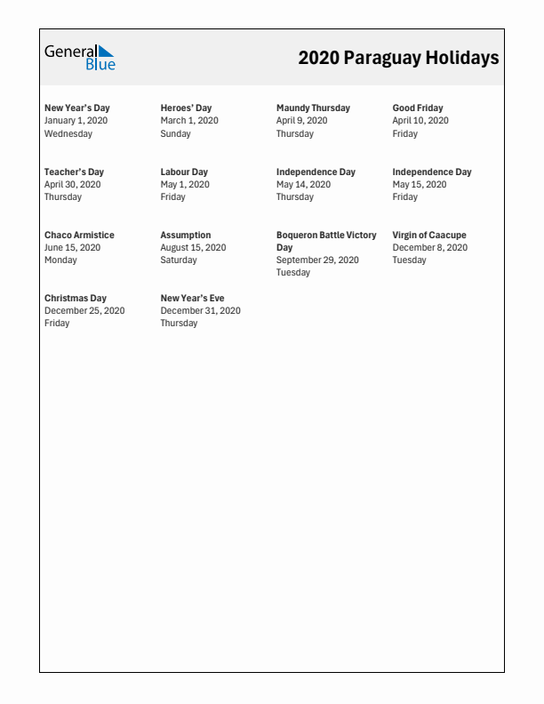 Free printable list of Paraguay holidays for year 2020