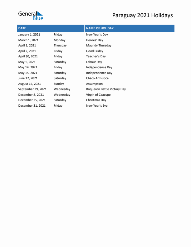 Free printable list of Paraguay holidays for year 2021