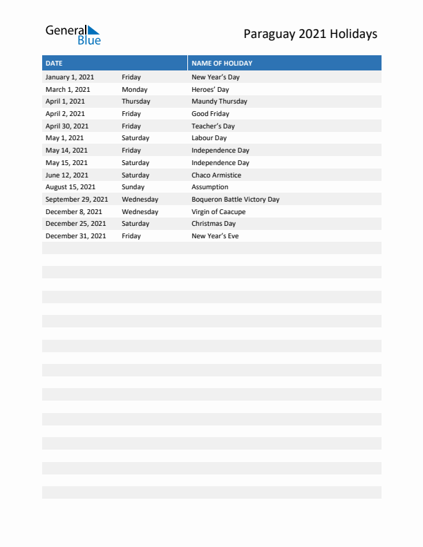 Free printable list of Paraguay holidays for year 2021