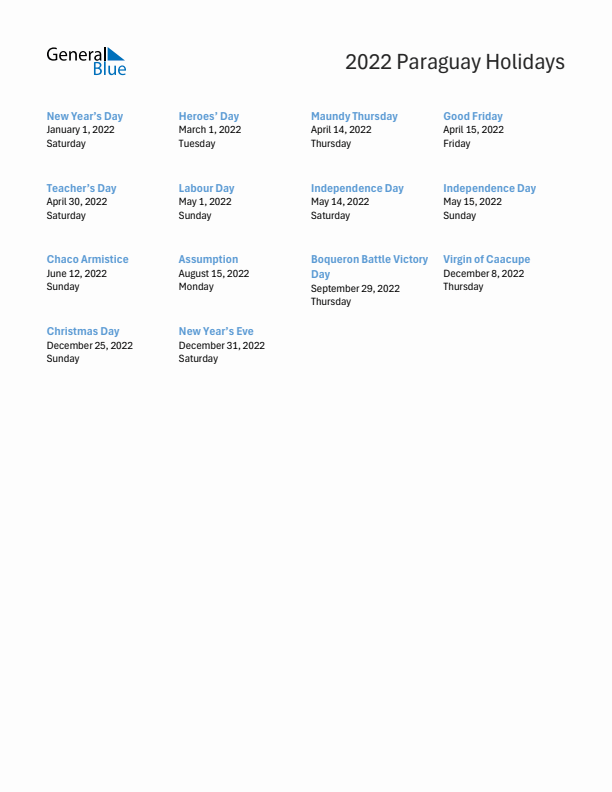 Free printable list of Paraguay holidays for year 2022