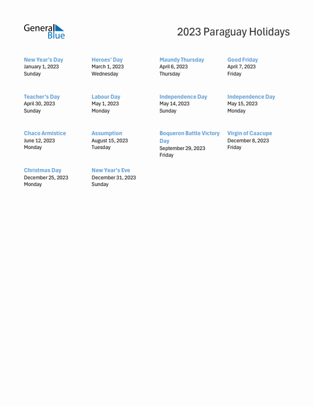 Free printable list of Paraguay holidays for year 2023