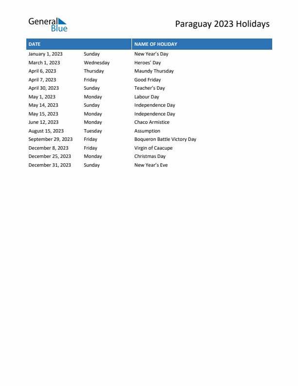 Free printable list of Paraguay holidays for year 2023