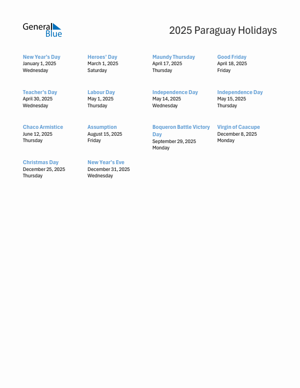 Free printable list of Paraguay holidays for year 2025