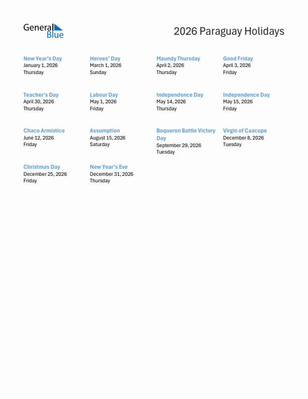 Free printable list of Paraguay holidays for year 2026