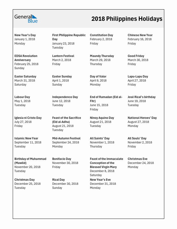 Free printable list of Philippines holidays for year 2018