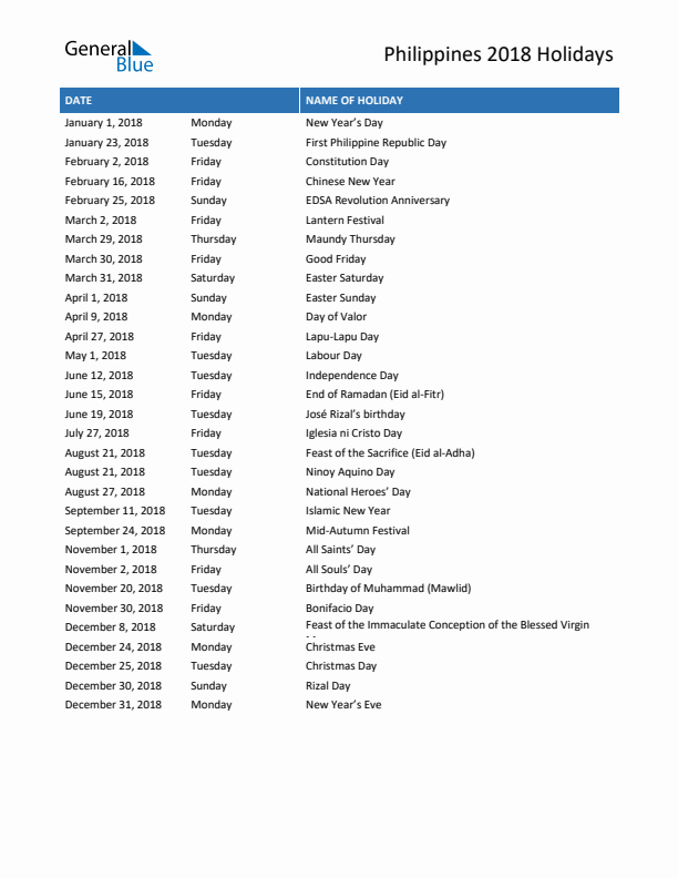 Free printable list of Philippines holidays for year 2018