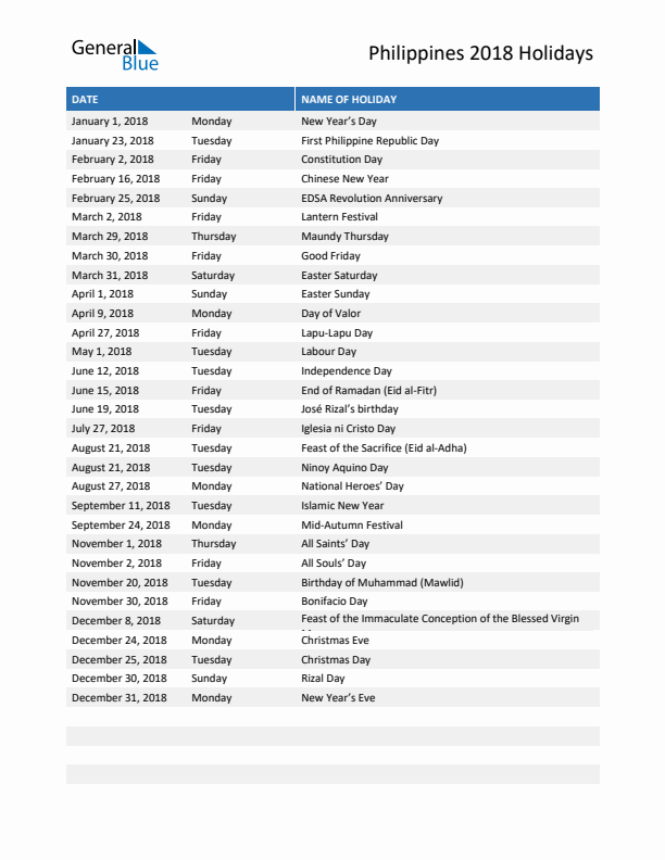 Free printable list of Philippines holidays for year 2018