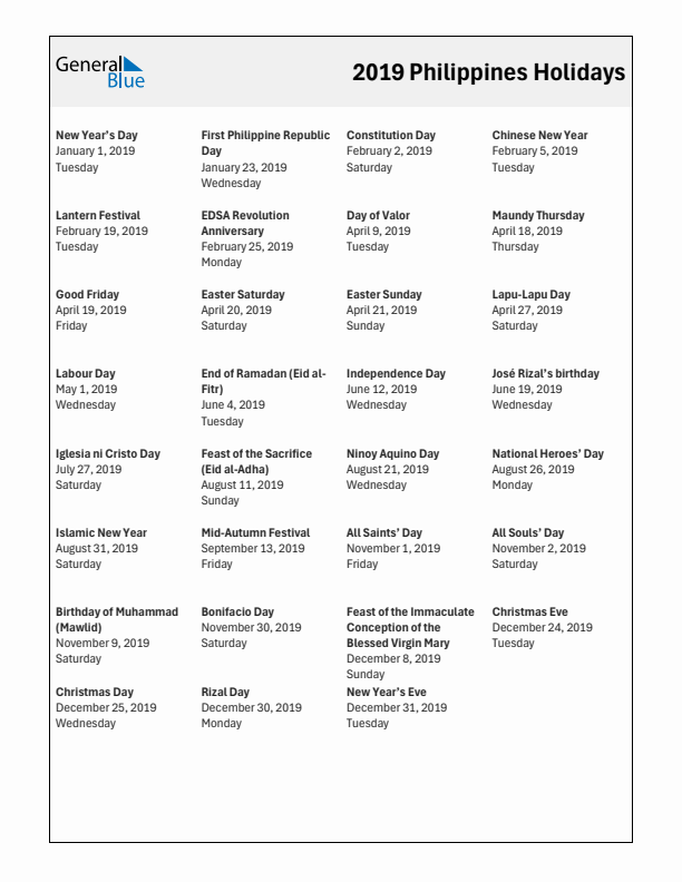 Free printable list of Philippines holidays for year 2019