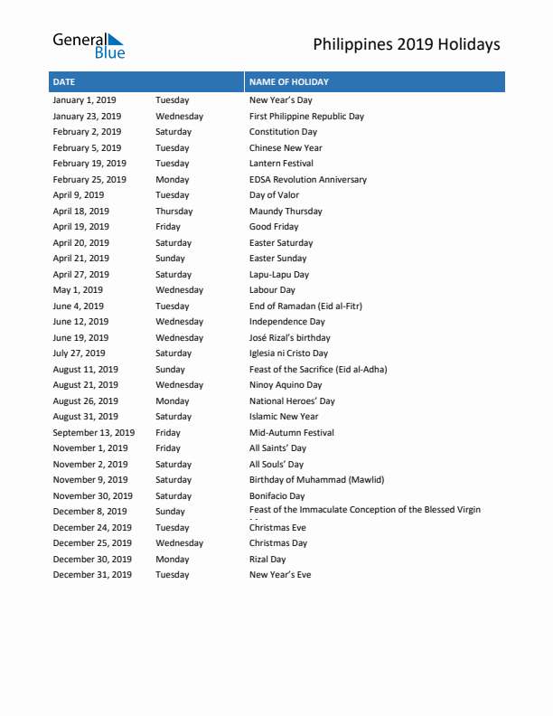 Free printable list of Philippines holidays for year 2019