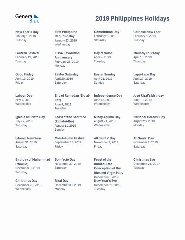 Free printable list of Philippines holidays for year 2019